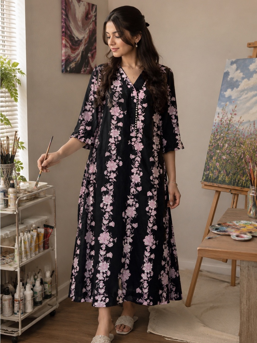 Black Floral A-Line Kurta with Pink Blossoms
